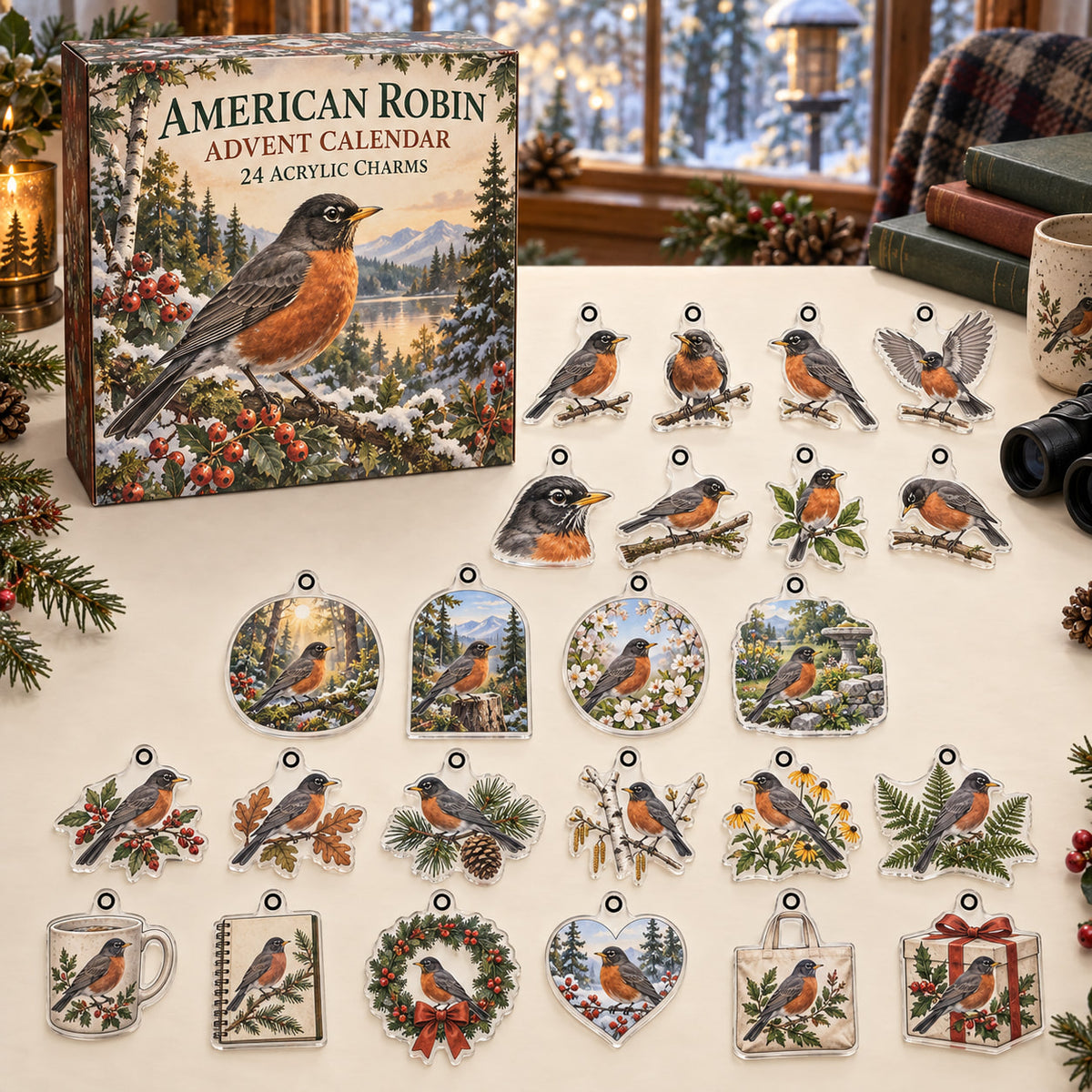 American Robin advent calendar box with 24 themed flat printed acrylic charms