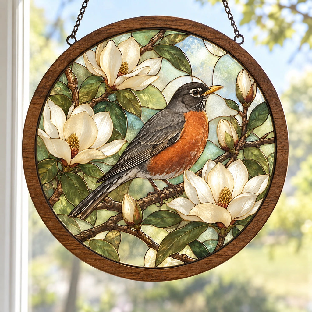 American Robin Magnolia Branch Wood & Acrylic Suncatcher with printed dimensional artwork