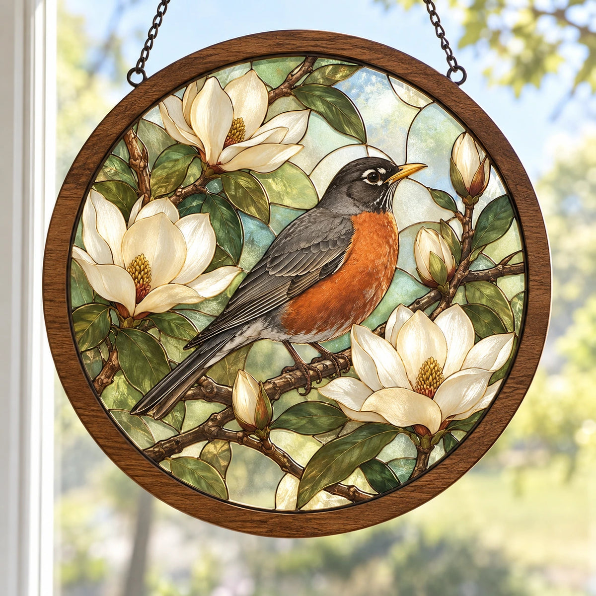 American Robin Magnolia Branch Wood & Acrylic Suncatcher with printed dimensional artwork
