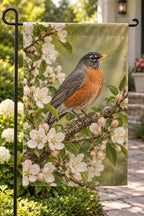American Robin Orchard Blossom Garden Flag with printed dimensional artwork