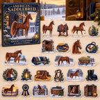 American Saddlebred advent calendar box and 24 illustrated acrylic charms displayed on an ivory tabletop in a winter setting