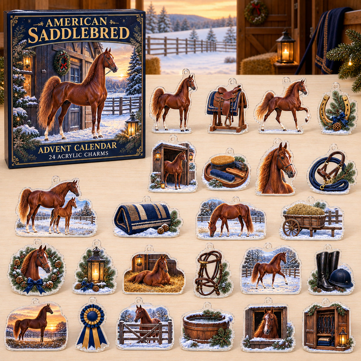 American Saddlebred advent calendar box and 24 illustrated acrylic charms displayed on an ivory tabletop in a winter setting