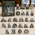 American Shorthair advent calendar box and full set of 24 illustrated acrylic charms on a light tabletop