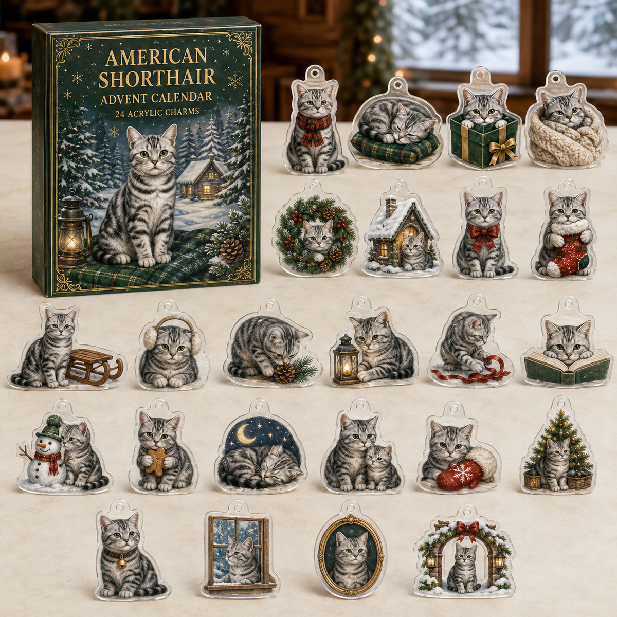 American Shorthair advent calendar box and full set of 24 illustrated acrylic charms on a light tabletop