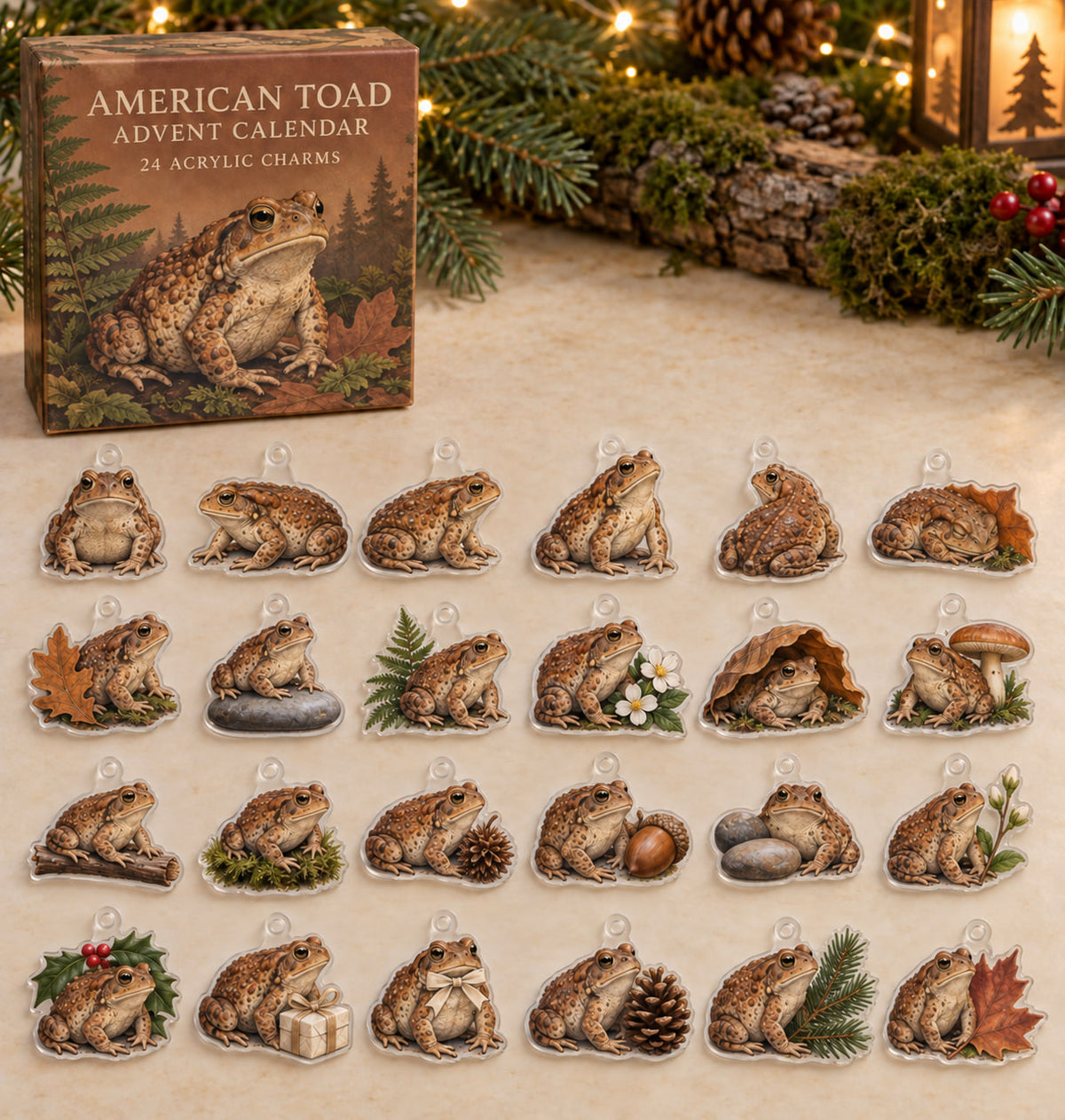 American Toad advent calendar with 24 custom-shaped flat acrylic charms and printed dimensional artwork