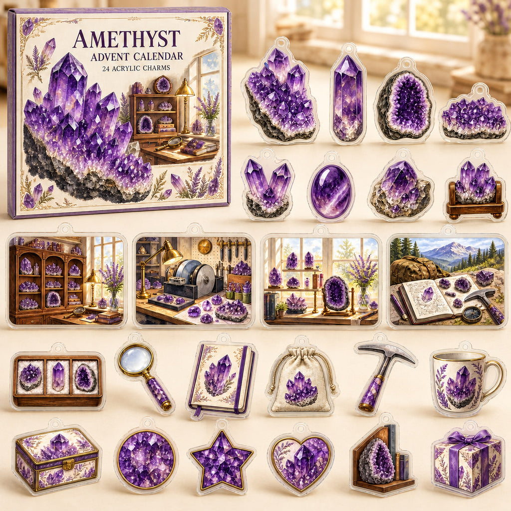 Amethyst advent calendar box and 24 mineral-themed printed acrylic charms