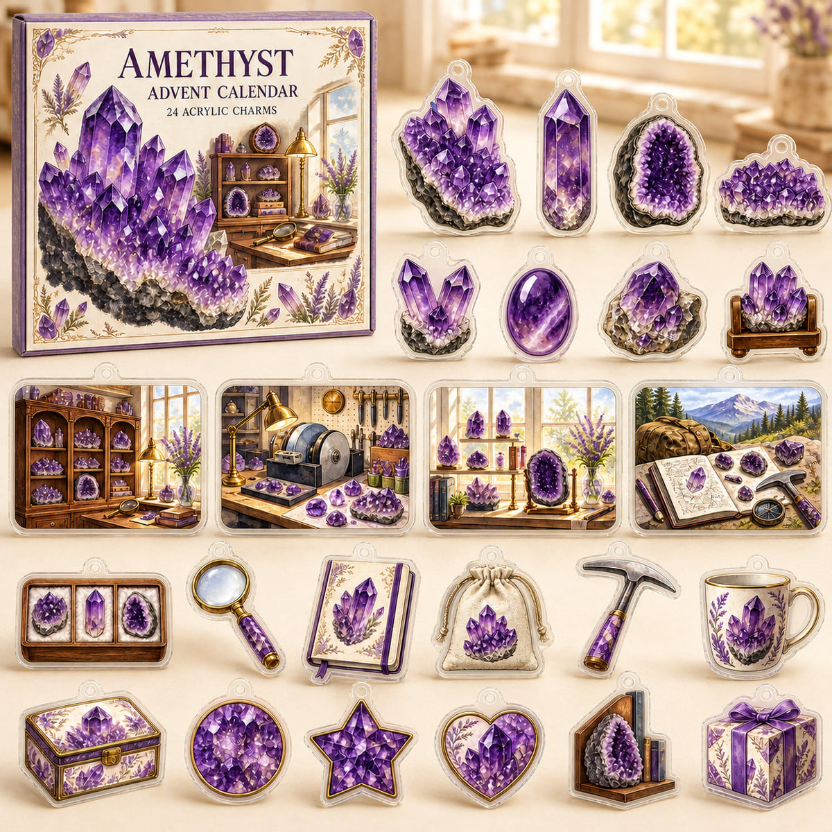 Amethyst advent calendar box and 24 mineral-themed printed acrylic charms