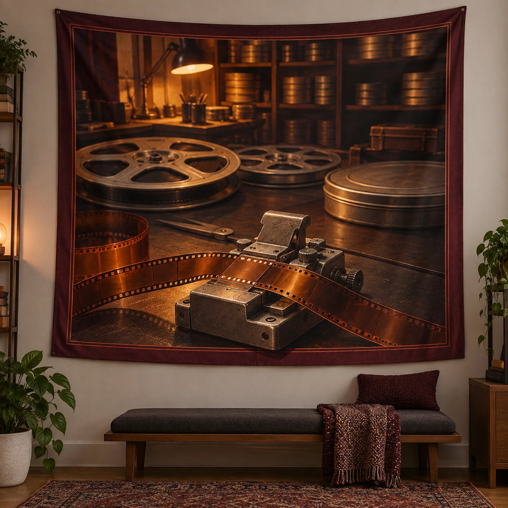 Analog Film Editing Studio Wall Tapestry with original printed optical 3D artwork