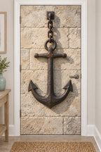 Anchor Cove Boathouse Fabric Door Cover with printed iron anchor and stone-shadow depth