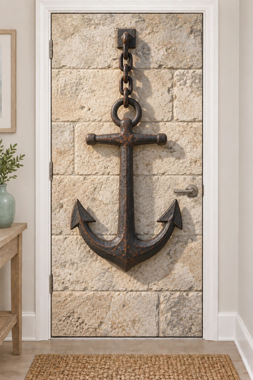 Anchor Cove Boathouse Fabric Door Cover with printed iron anchor and stone-shadow depth