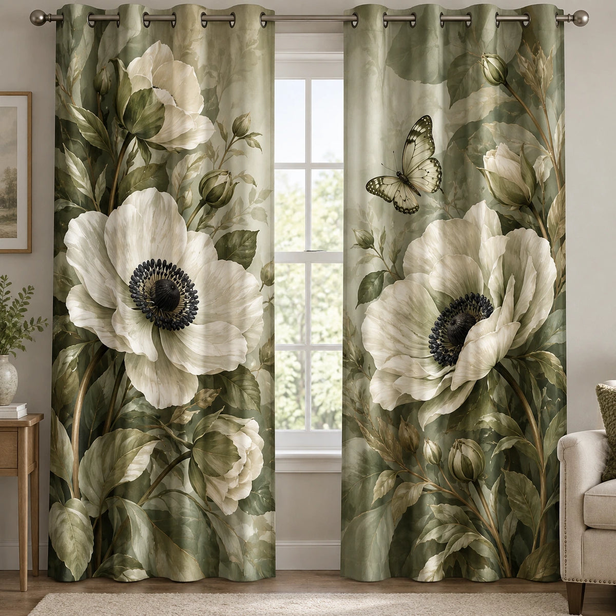 Anemone Butterfly Visitor Window Curtains with printed dimensional artwork
