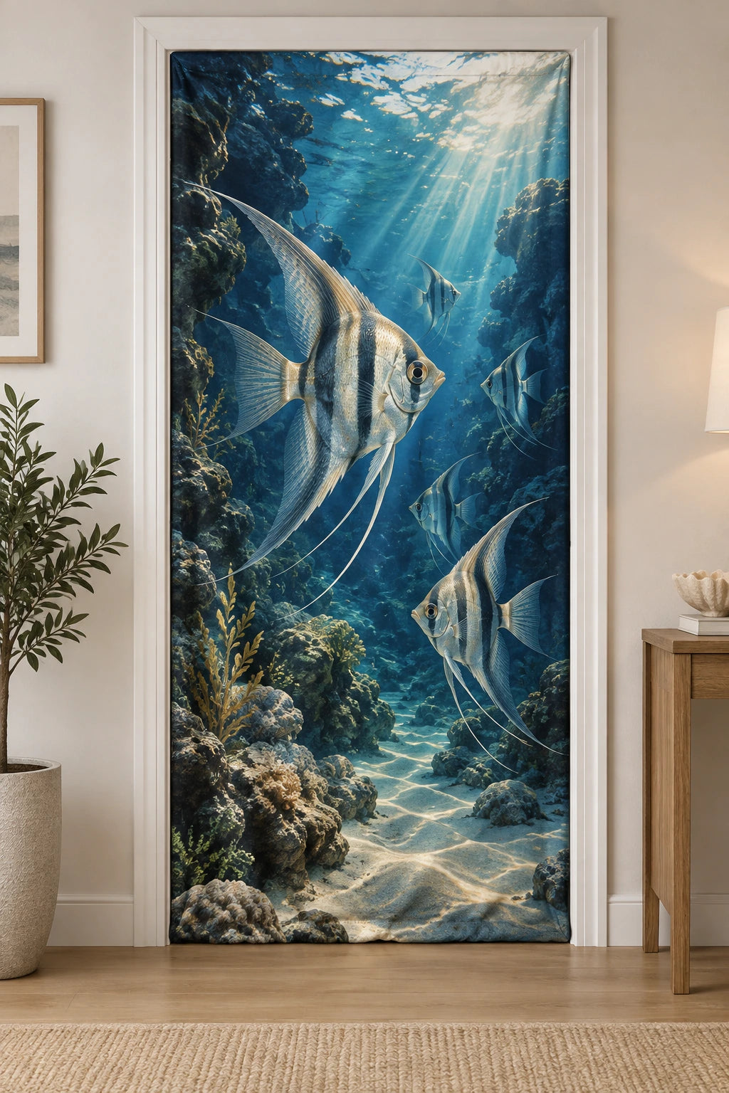 Angelfish Reef Sunbeams Fabric Door Cover with printed dimensional artwork