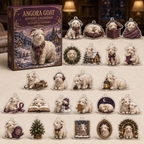 Angora Goat advent calendar box and full set of 24 illustrated acrylic charms on a light tabletop