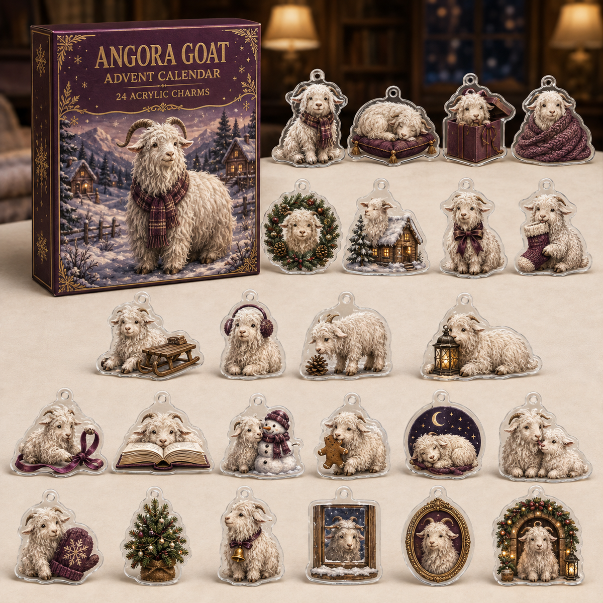 Angora Goat advent calendar box and full set of 24 illustrated acrylic charms on a light tabletop