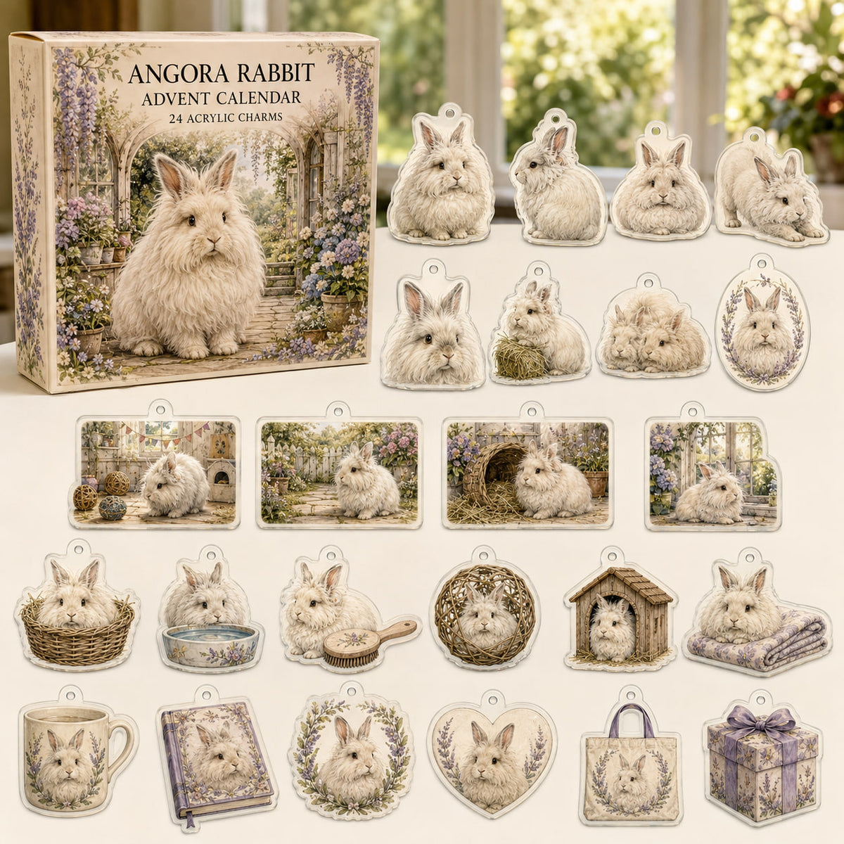 Angora Rabbit advent calendar box and 24 themed flat printed acrylic charms