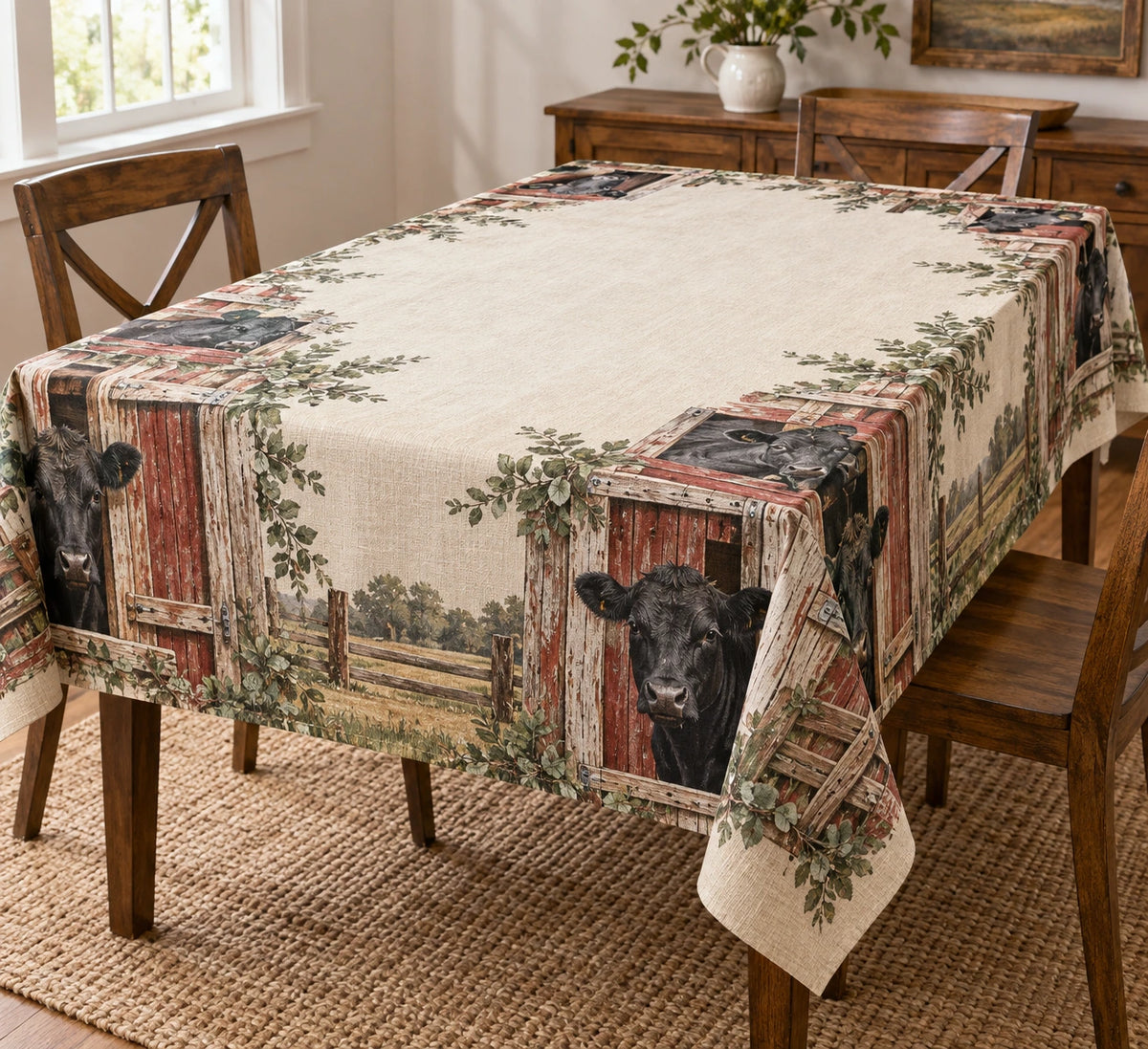 Angus Cow Barn Door Tablecloth with printed dimensional artwork