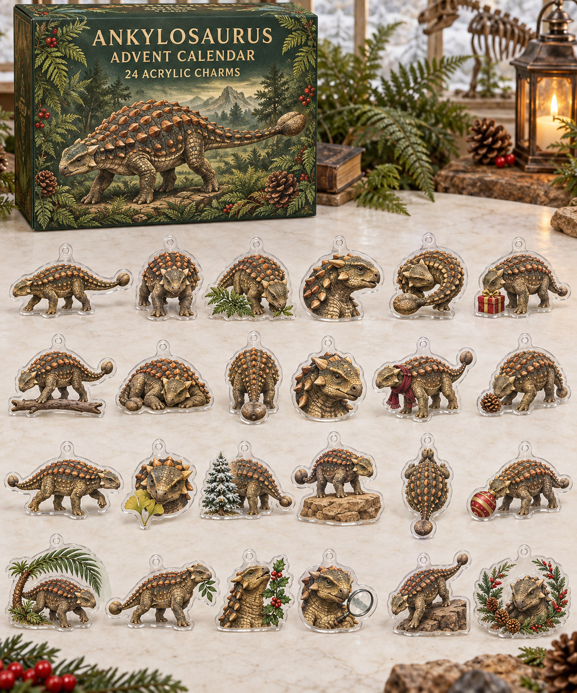 Ankylosaurus advent calendar with 24 custom-shaped flat acrylic charms and printed dimensional artwork