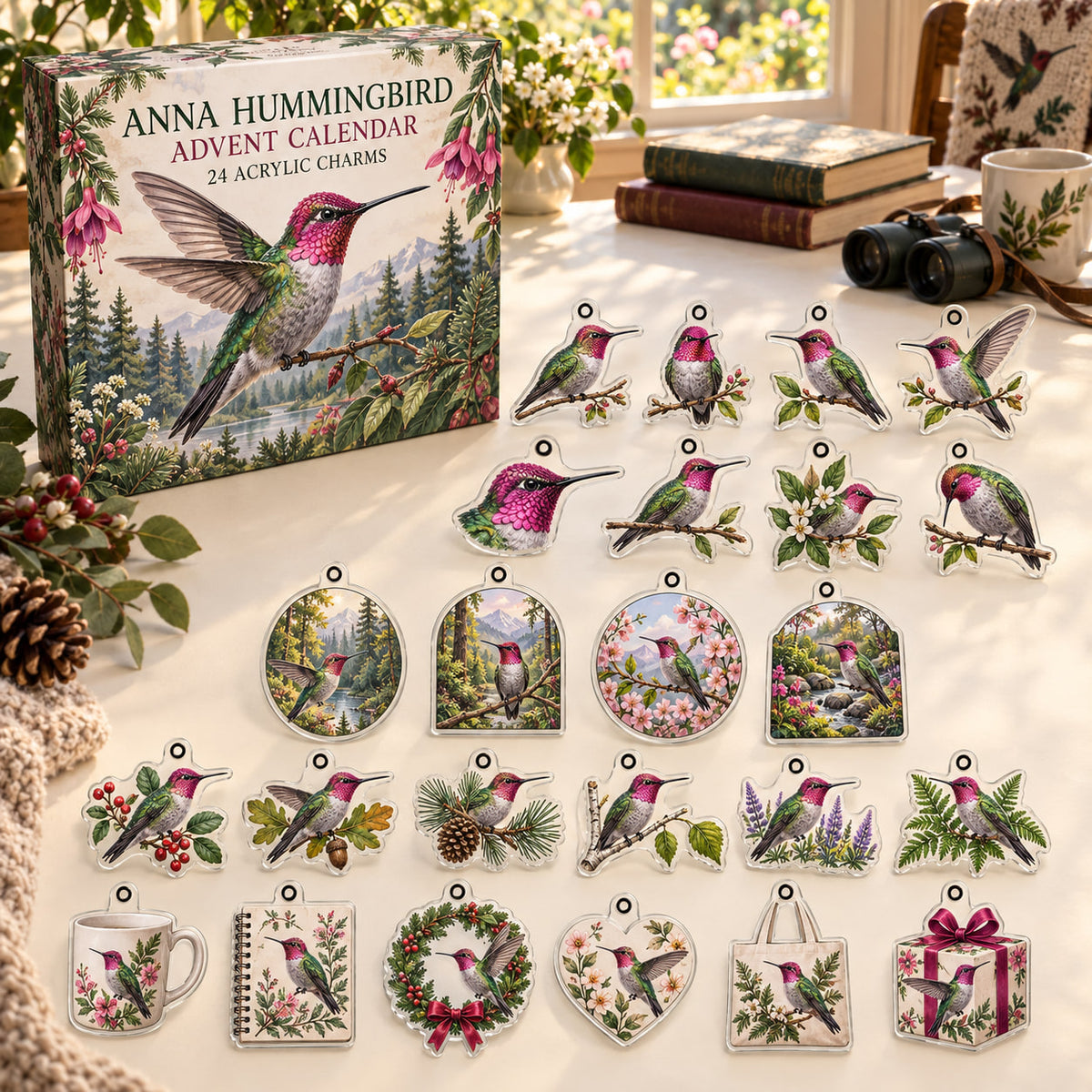 Anna Hummingbird advent calendar box with 24 themed flat printed acrylic charms