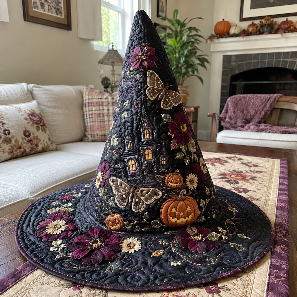 Antique Afterdark quilted witch hat, all-over print on cone and brim