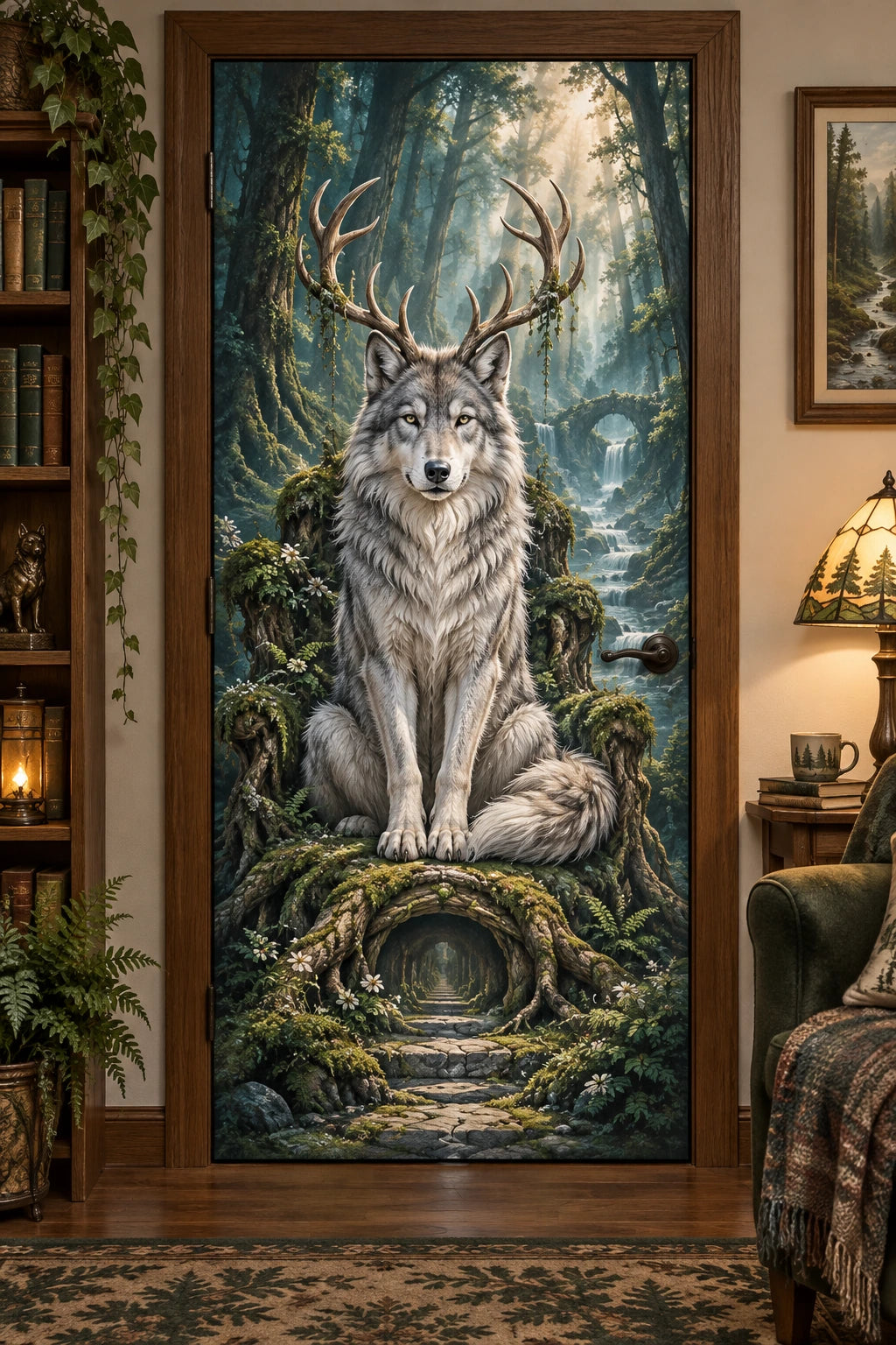 Antlered Wolf Forest Throne Fabric Door Cover with flat printed antlered wolf and receding forest depth
