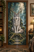 Antlered Wolf Forest Throne Fabric Door Cover with flat printed antlered wolf and receding forest depth