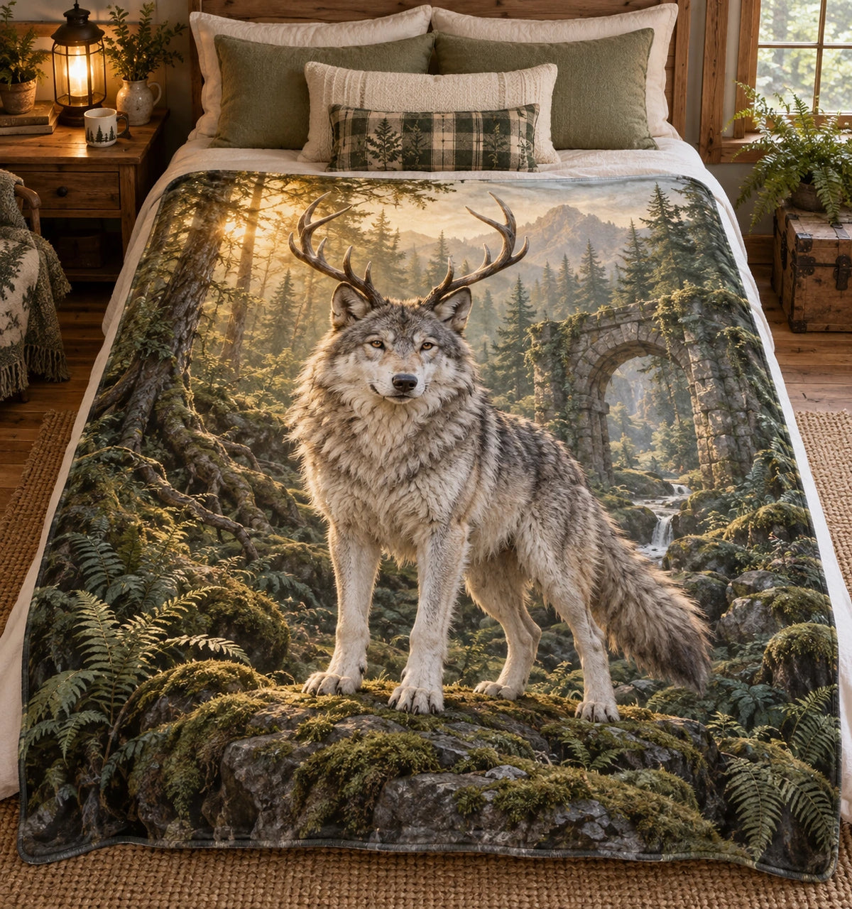 Antlered wolf in a dawn woodland sanctuary, flat printed fleece throw blanket.