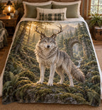 Antlered wolf in a dawn woodland sanctuary, flat printed fleece throw blanket.
