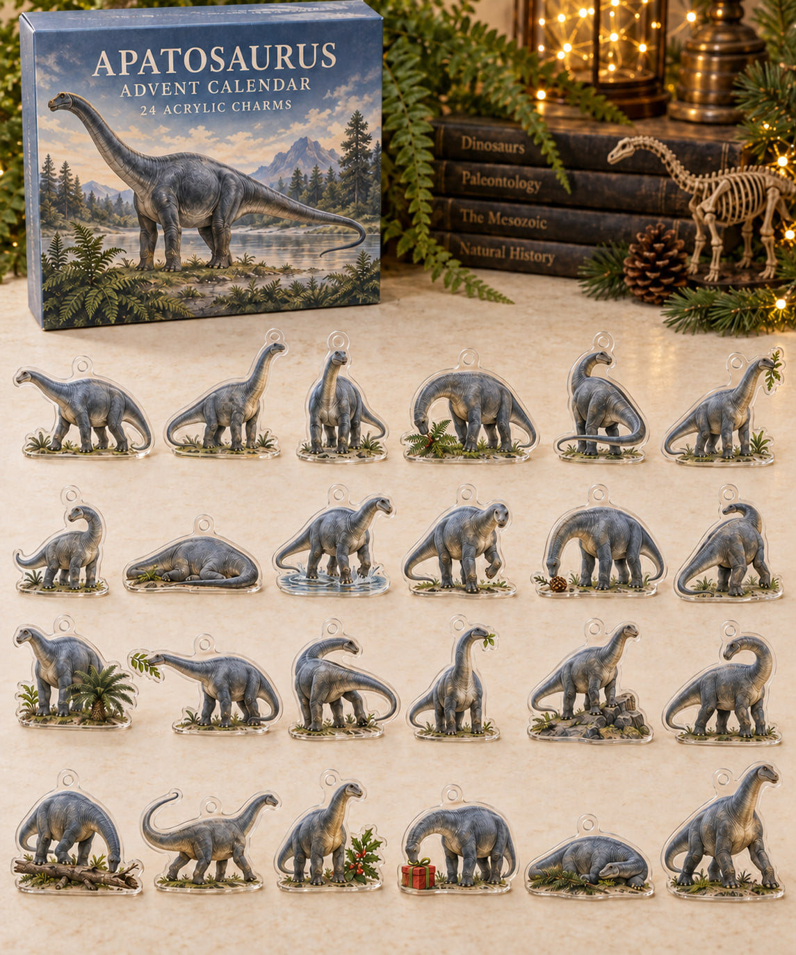 Apatosaurus advent calendar with 24 custom-shaped flat acrylic charms and printed dimensional artwork