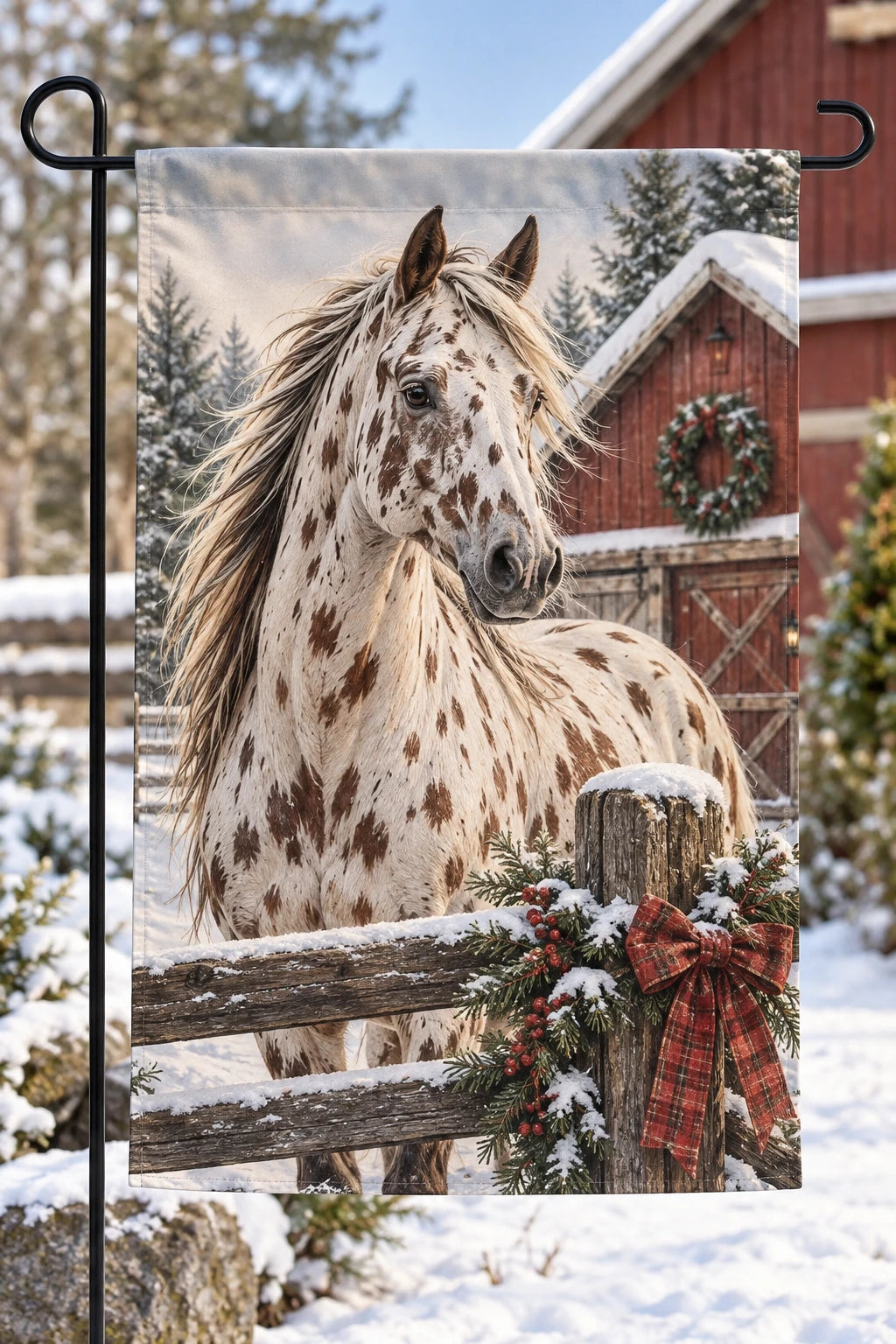 Appaloosa Horse Snowy Barn Garden Flag with printed dimensional artwork