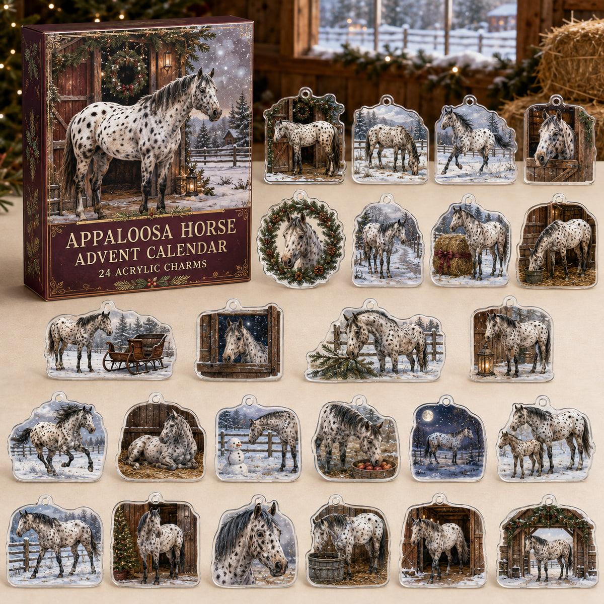 Appaloosa Horse advent calendar box and 24 illustrated acrylic charms displayed on an ivory tabletop in a winter setting