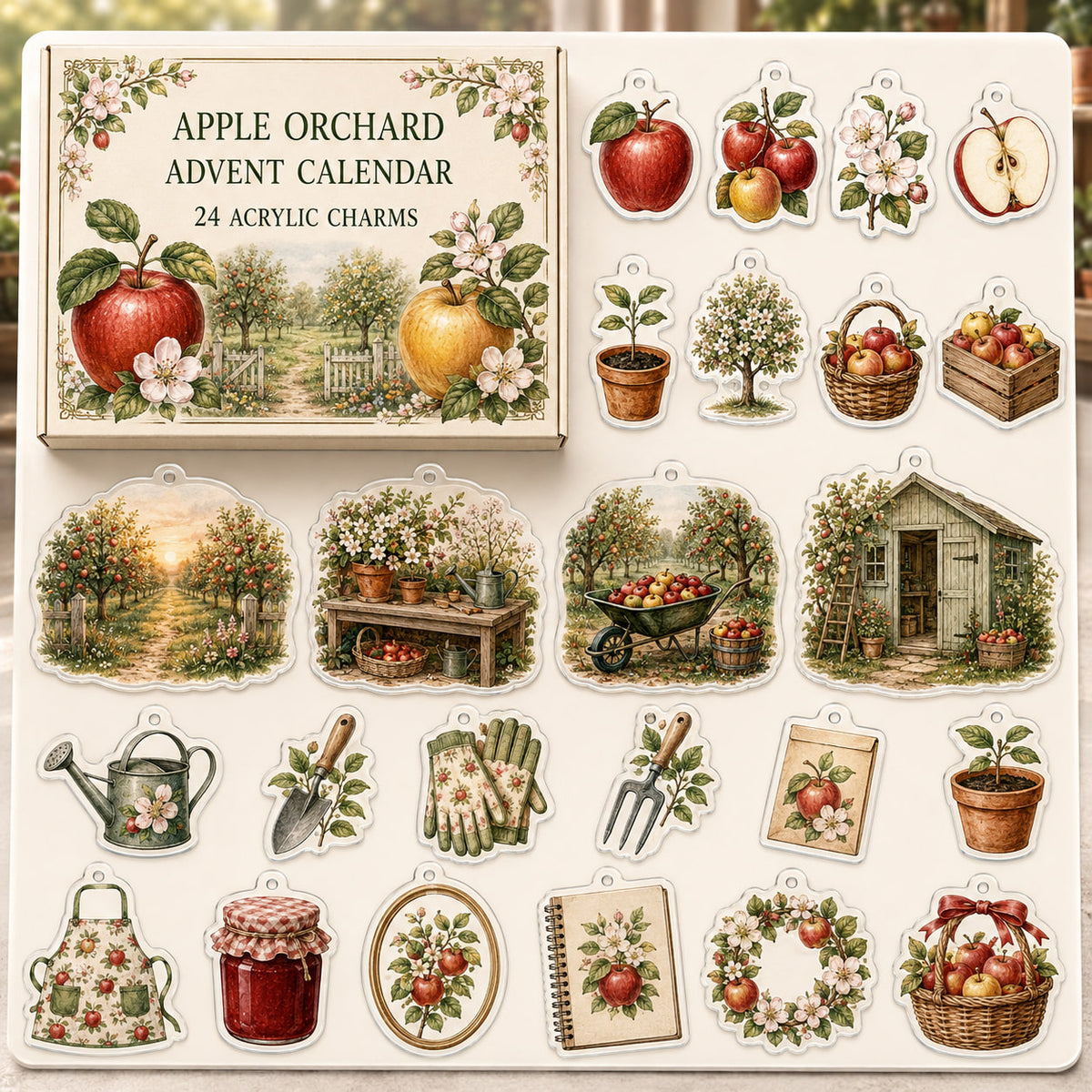 Apple Orchard advent calendar box and 24 printed acrylic fruit garden charms