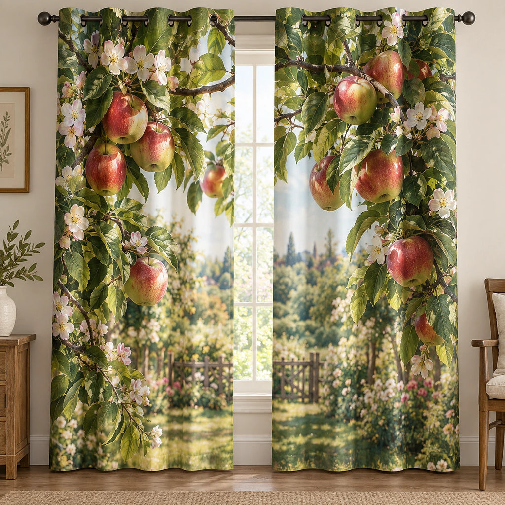 Apple Orchard Branch Window Curtains with printed dimensional artwork