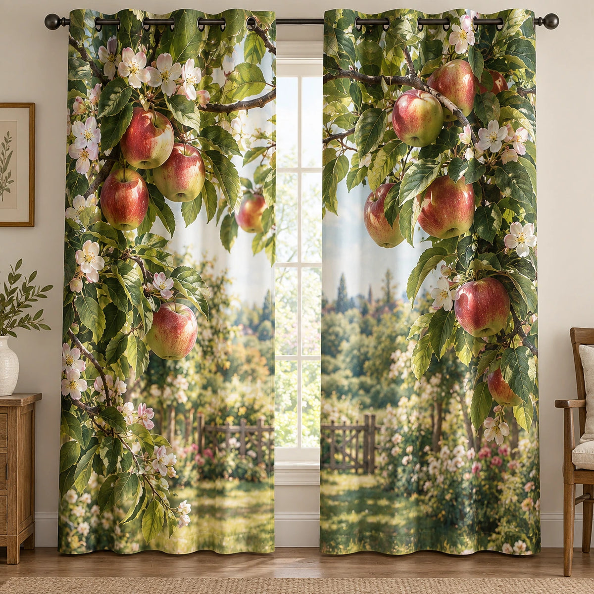 Apple Orchard Branch Window Curtains with printed dimensional artwork