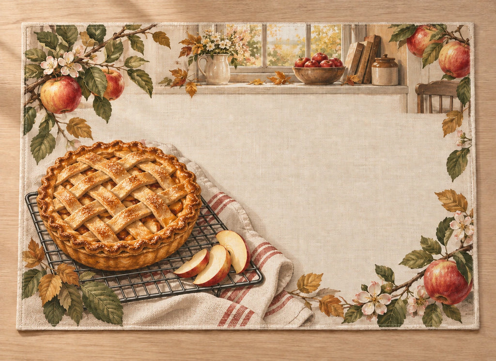 Apple Pie Autumn Kitchen Placemat with flat printed dimensional bakery artwork