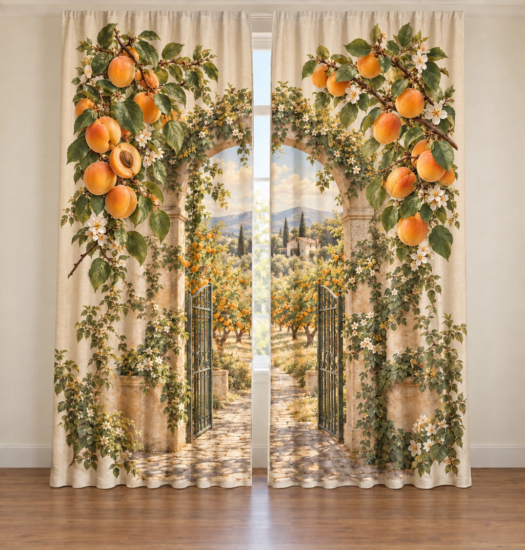 Apricot Orchard Branch Window Curtain Pair with flat printed apricots and orchard depth