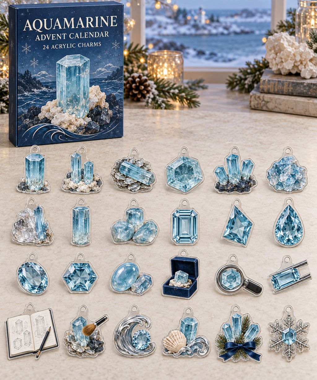 Aquamarine advent calendar with 24 custom-shaped flat acrylic charms and printed dimensional artwork