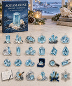 Aquamarine advent calendar with 24 custom-shaped flat acrylic charms and printed dimensional artwork