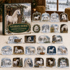 Arabian Horse advent calendar box and 24 illustrated acrylic charms displayed on an ivory tabletop in a winter setting