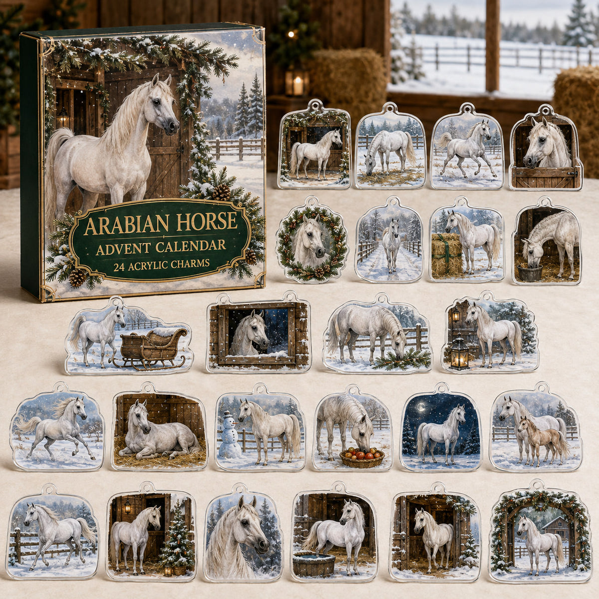 Arabian Horse advent calendar box and 24 illustrated acrylic charms displayed on an ivory tabletop in a winter setting