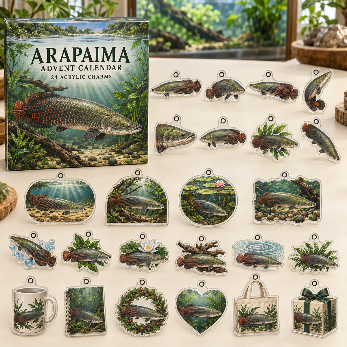 Arapaima advent calendar box with 24 themed flat printed acrylic charms