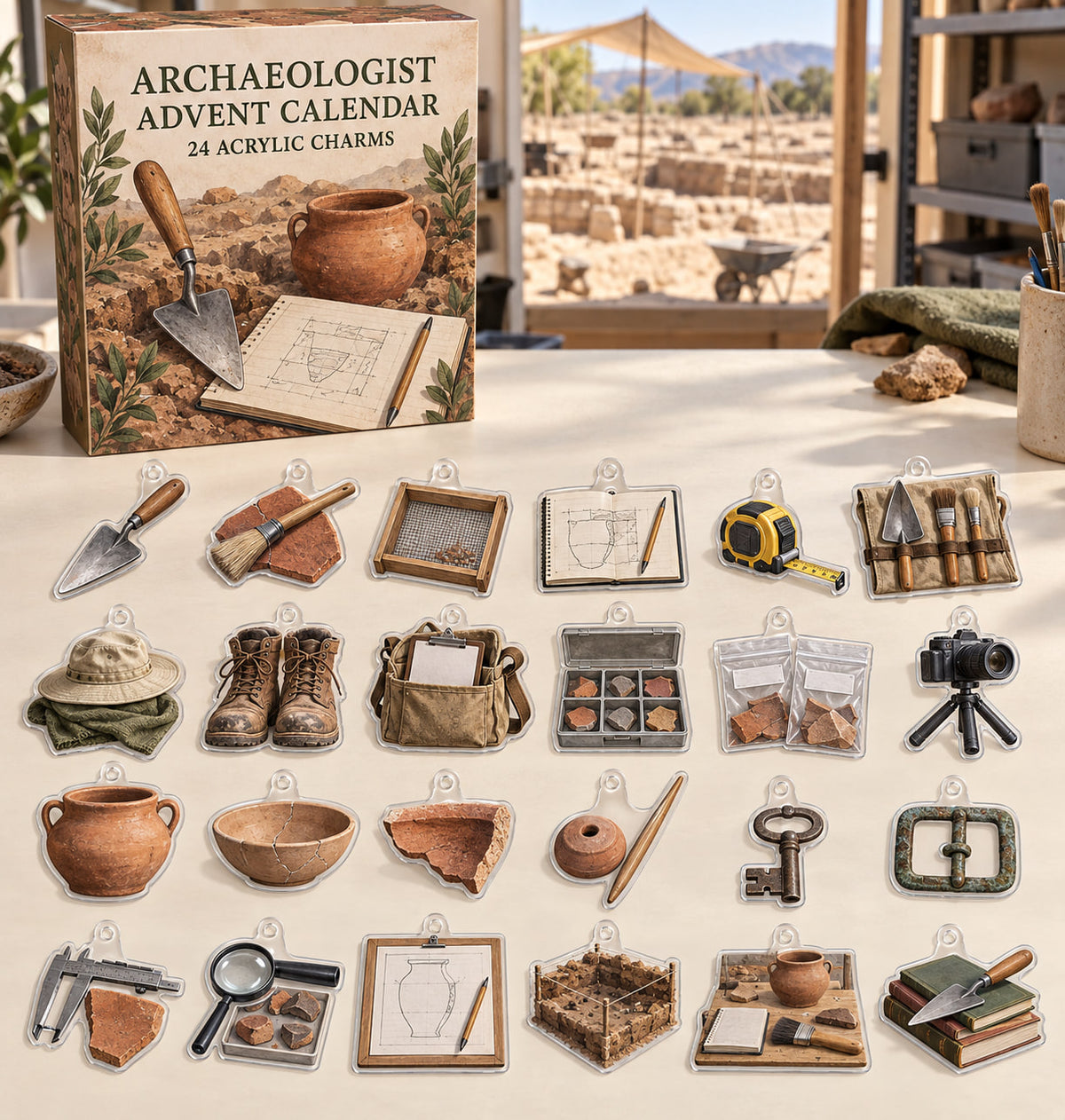 Archaeologist advent calendar with 24 custom-shaped flat acrylic charms and printed dimensional artwork