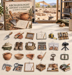 Archaeologist advent calendar with 24 custom-shaped flat acrylic charms and printed dimensional artwork