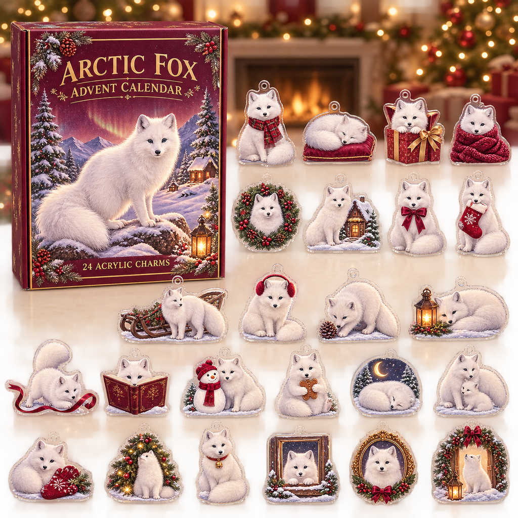 Arctic Fox advent calendar box and full set of 24 illustrated acrylic charms on a light tabletop