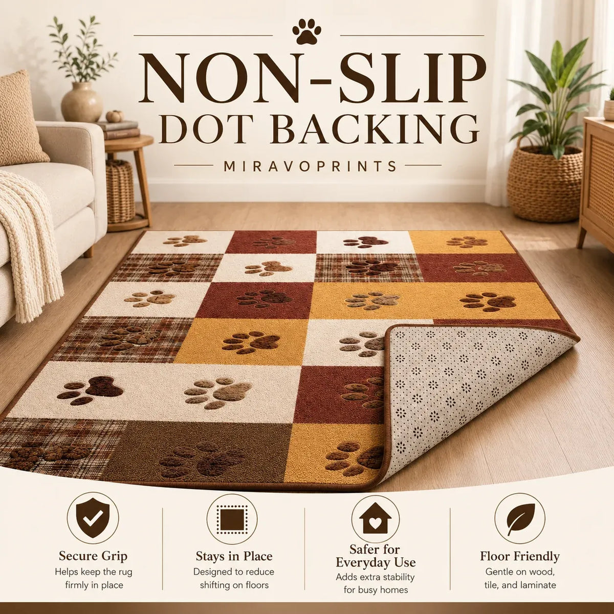 MiravoPrints area rug product information, reference card 2; example artwork may differ