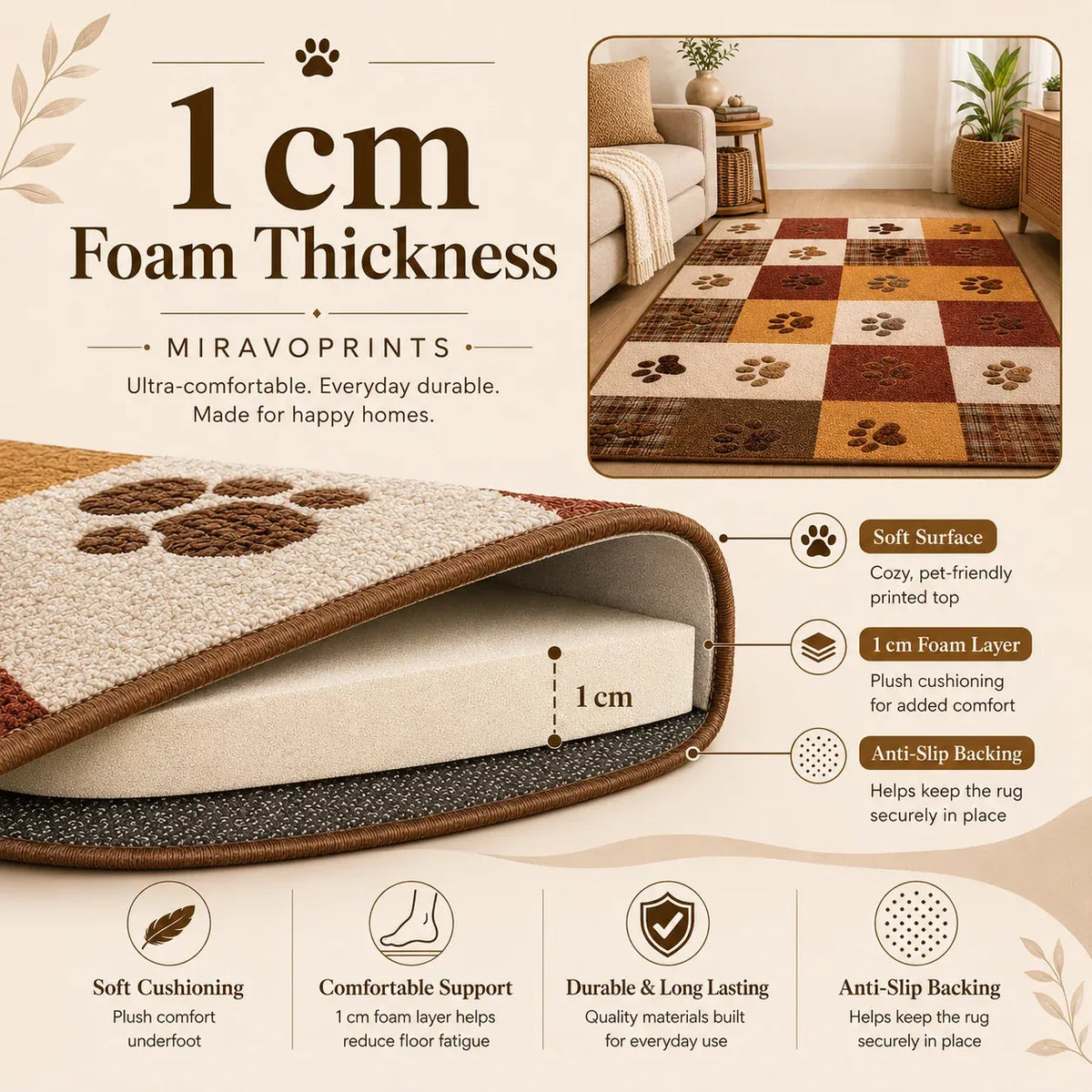 MiravoPrints area rug product information, reference card 4; example artwork may differ