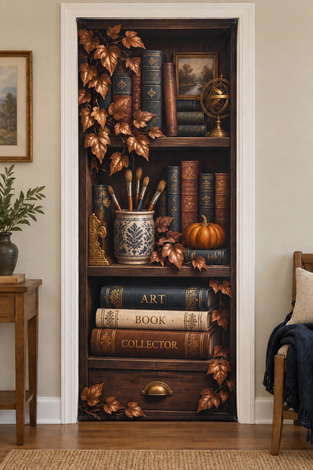 Art Book Collector Autumn Reading Fabric Door Cover with printed dimensional artwork