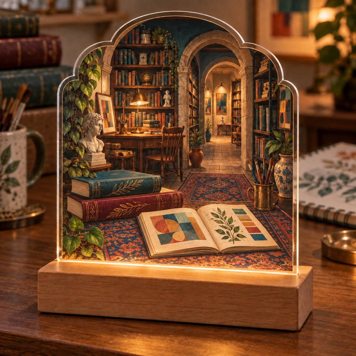 Art Book Library Acrylic Night Light with flat printed art books and receding library