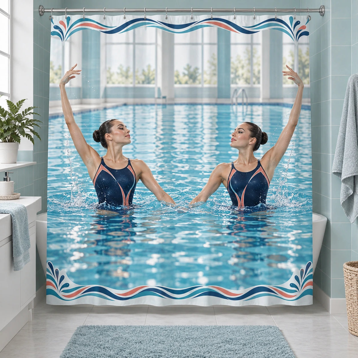 Artistic Swimming Duet Shower Curtain with original printed optical 3D artwork