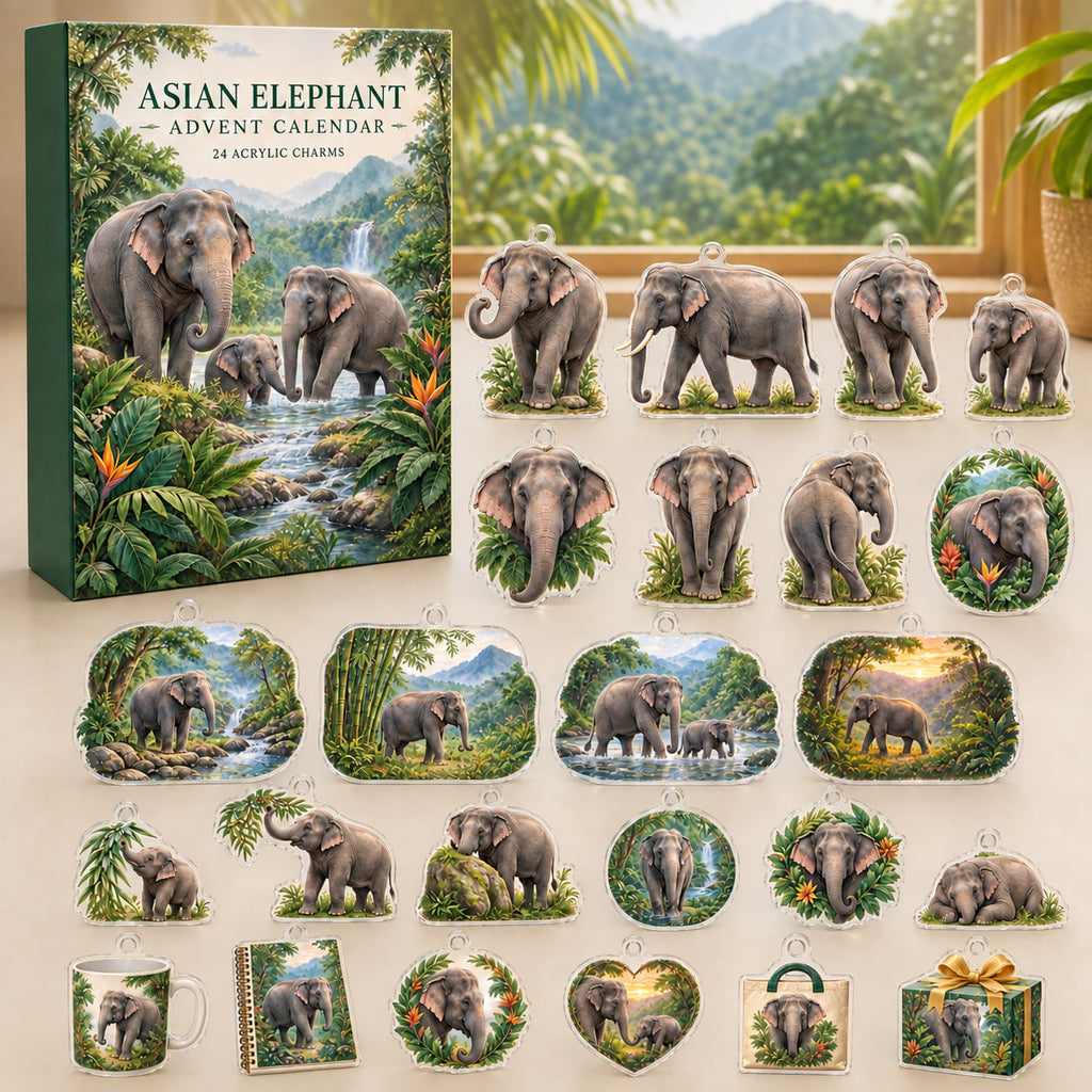 Asian Elephant advent calendar box with 24 themed flat printed acrylic charms
