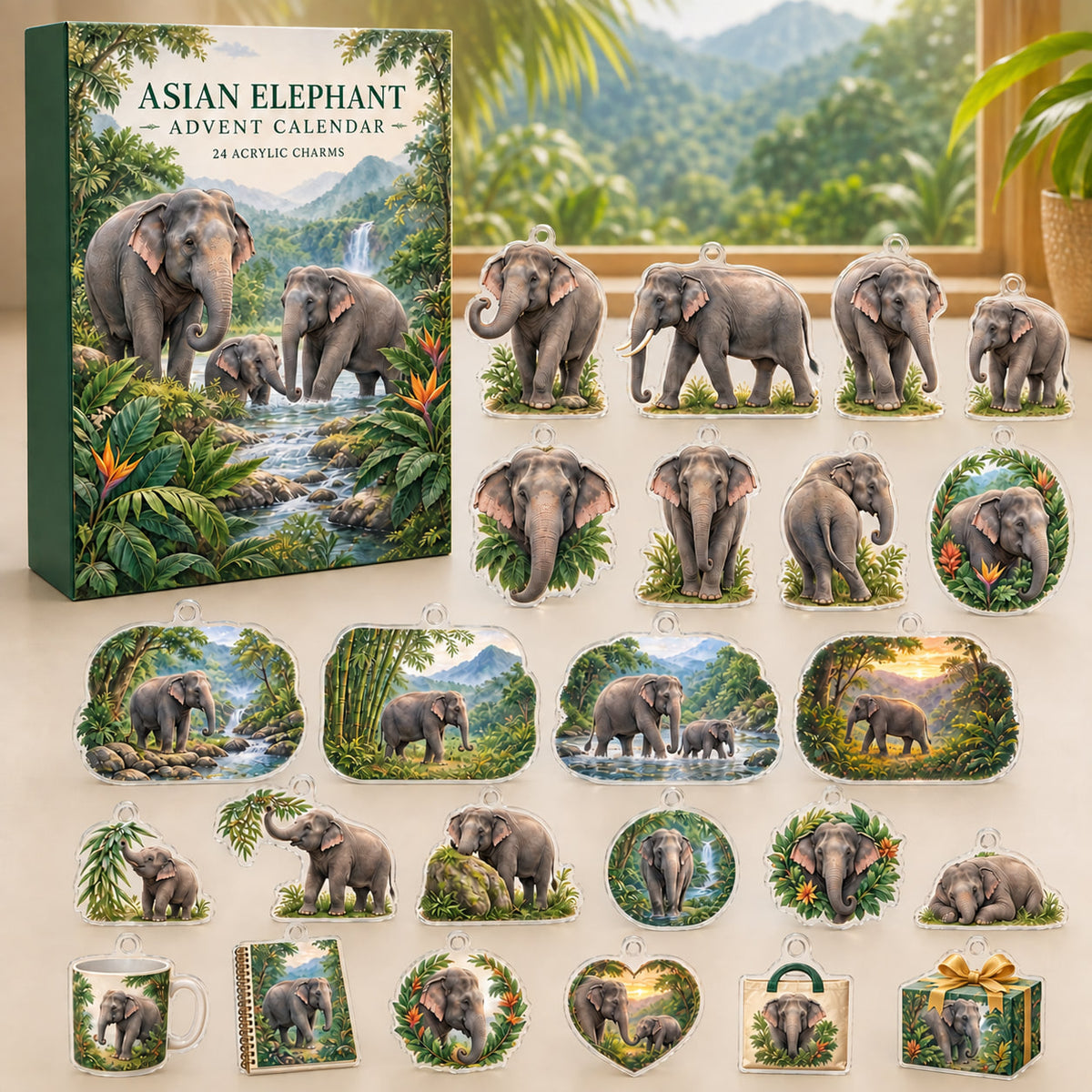 Asian Elephant advent calendar box with 24 themed flat printed acrylic charms